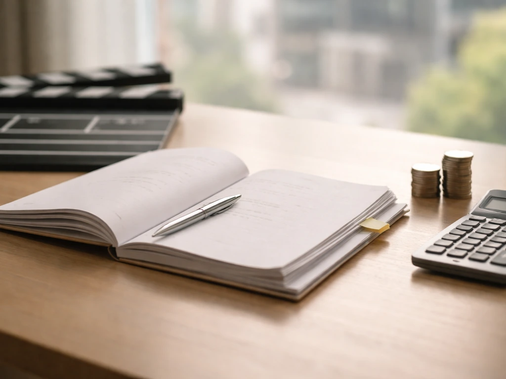 Minimal photo of an actor’s script pages beside a calculator and a neat stack of coins on a desk