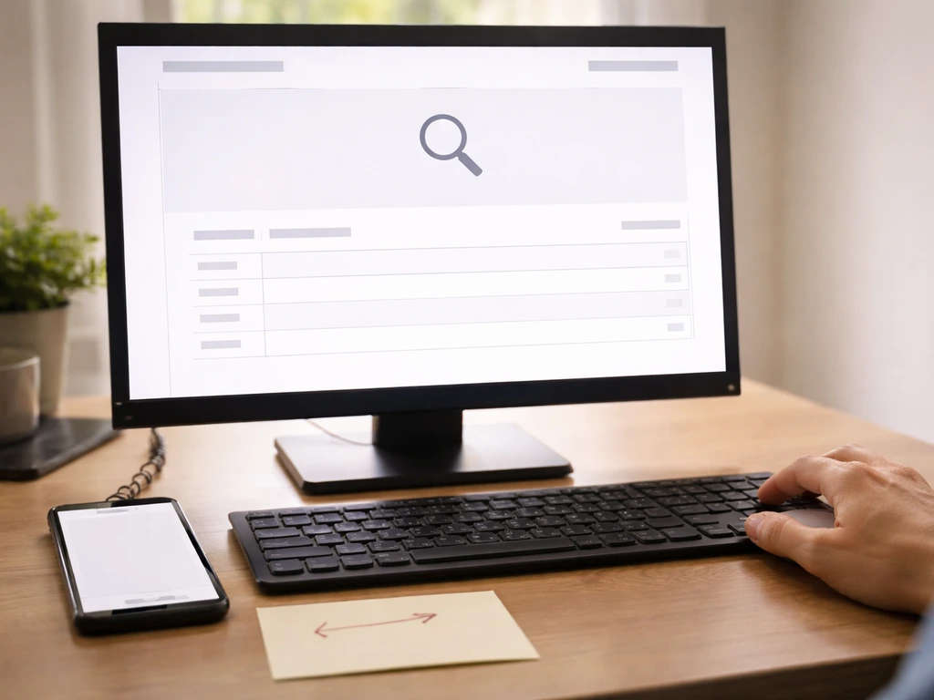 Hands at a desk viewing a generic Companies House-style search page and verification notes, no text.