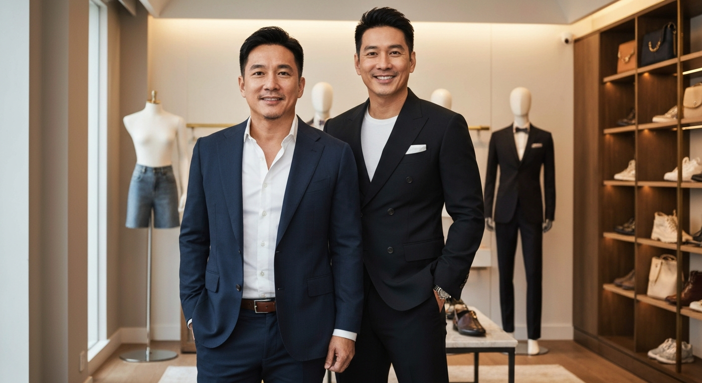 Portrait of two Southeast Asian brothers standing in a stylish office with shoe displays, representing co-founders of a fashion brand.