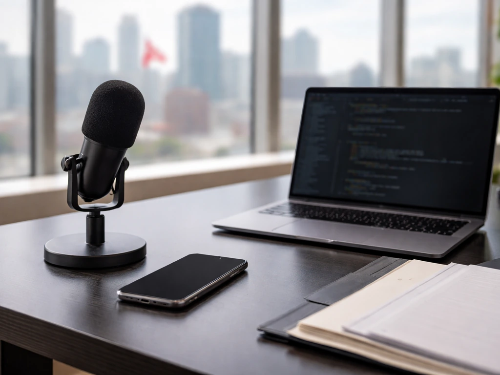 Anonymous tech office desk with microphone and documents, symbolic of verifying a tech executive’s net worth.