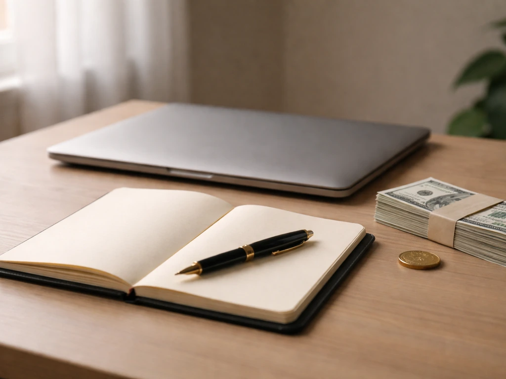 Minimal photo of a notebook and fountain pen beside cash and a laptop, symbolizing business wealth origins.