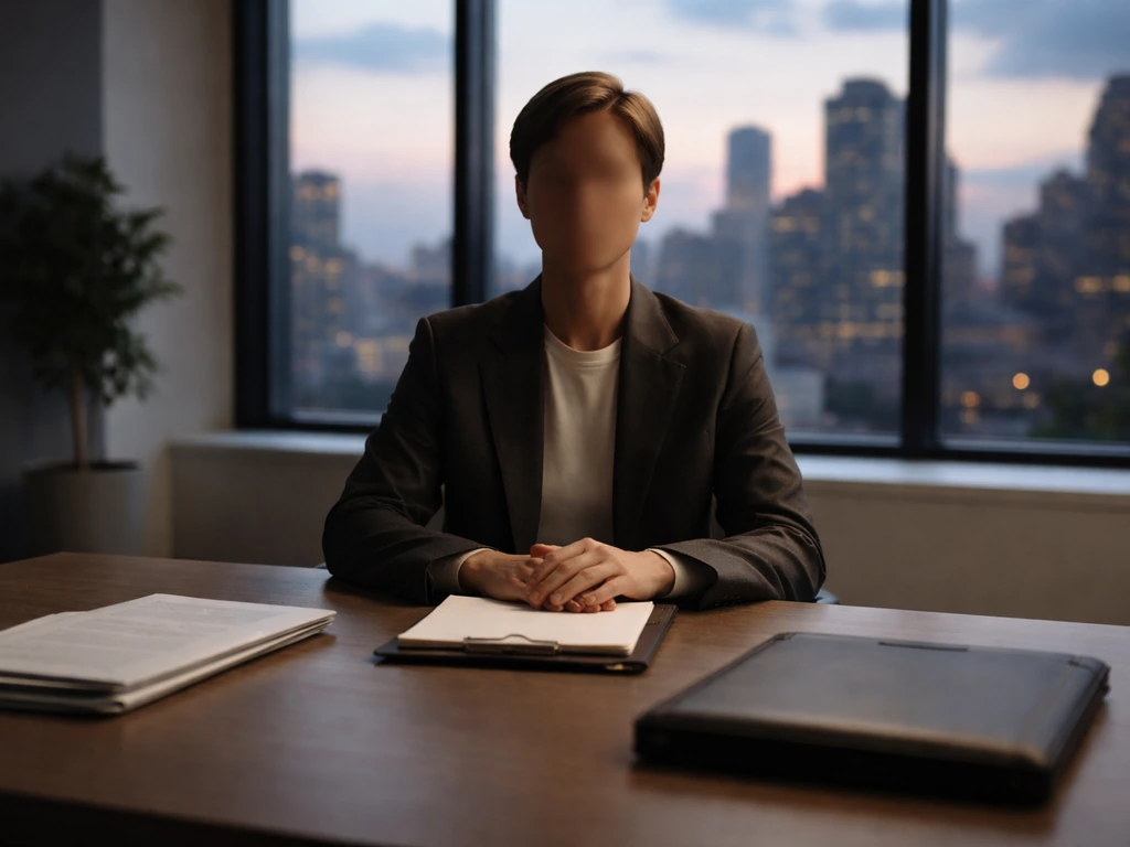 Anonymous venture capitalist reviewing documents in a modern office with city skyline through windows.