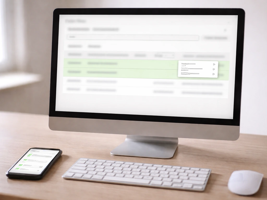 Close-up of a computer monitor with a generic filings search interface and highlighted results, beside a phone.